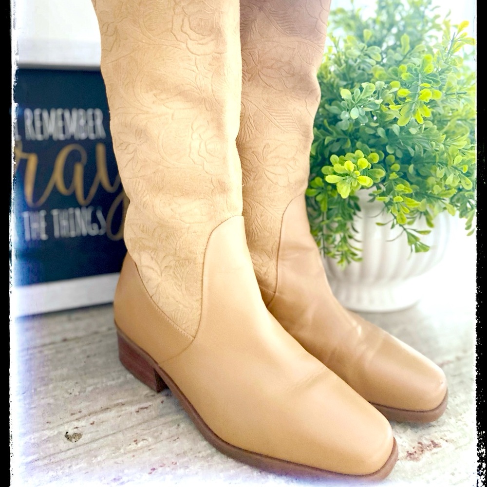 Markon Rose Embossed Camel Suede Leather Boots